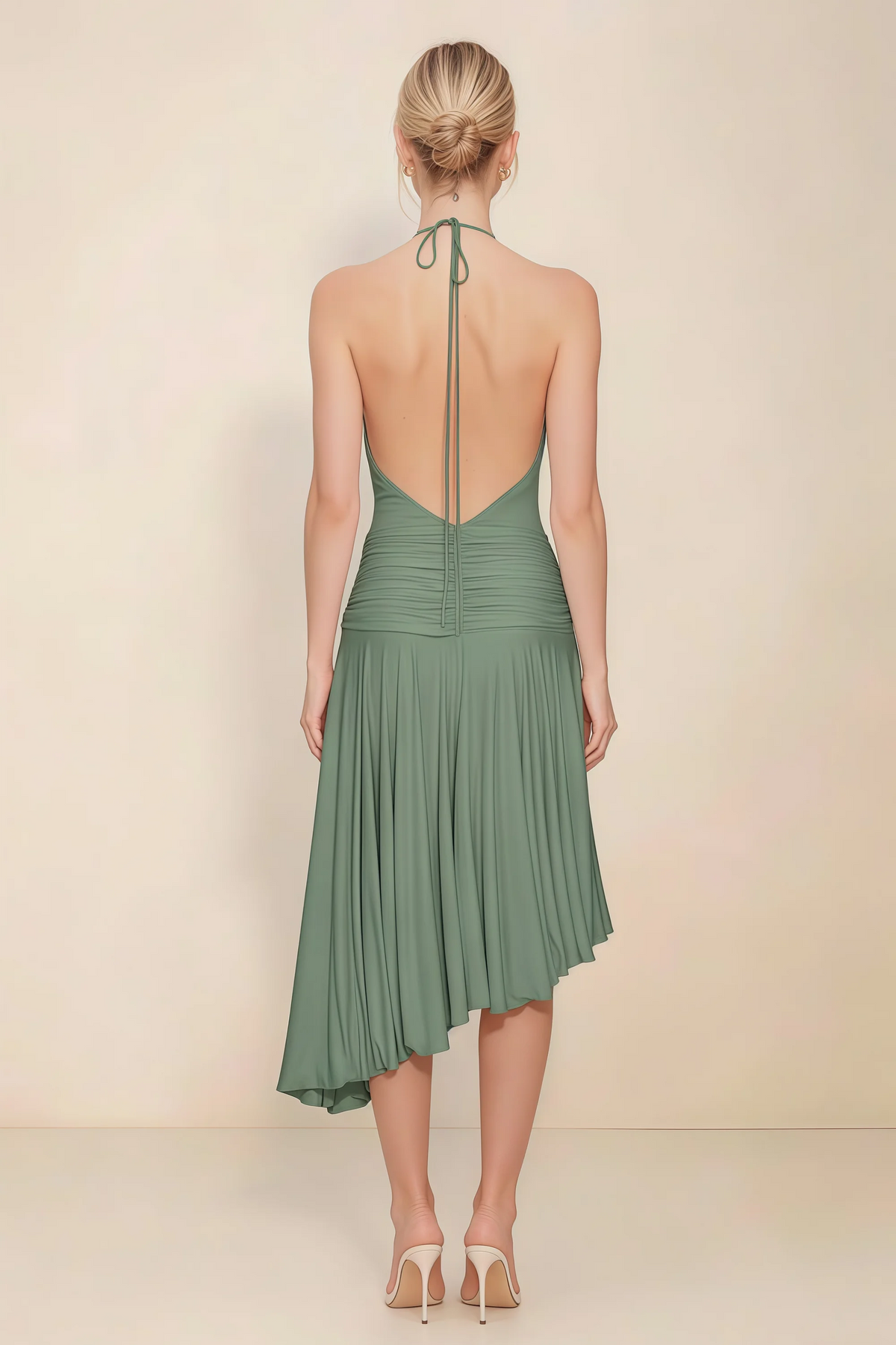 Amalia Eucalyptus Halter Asymmetric Hem Slinky Midi Dress