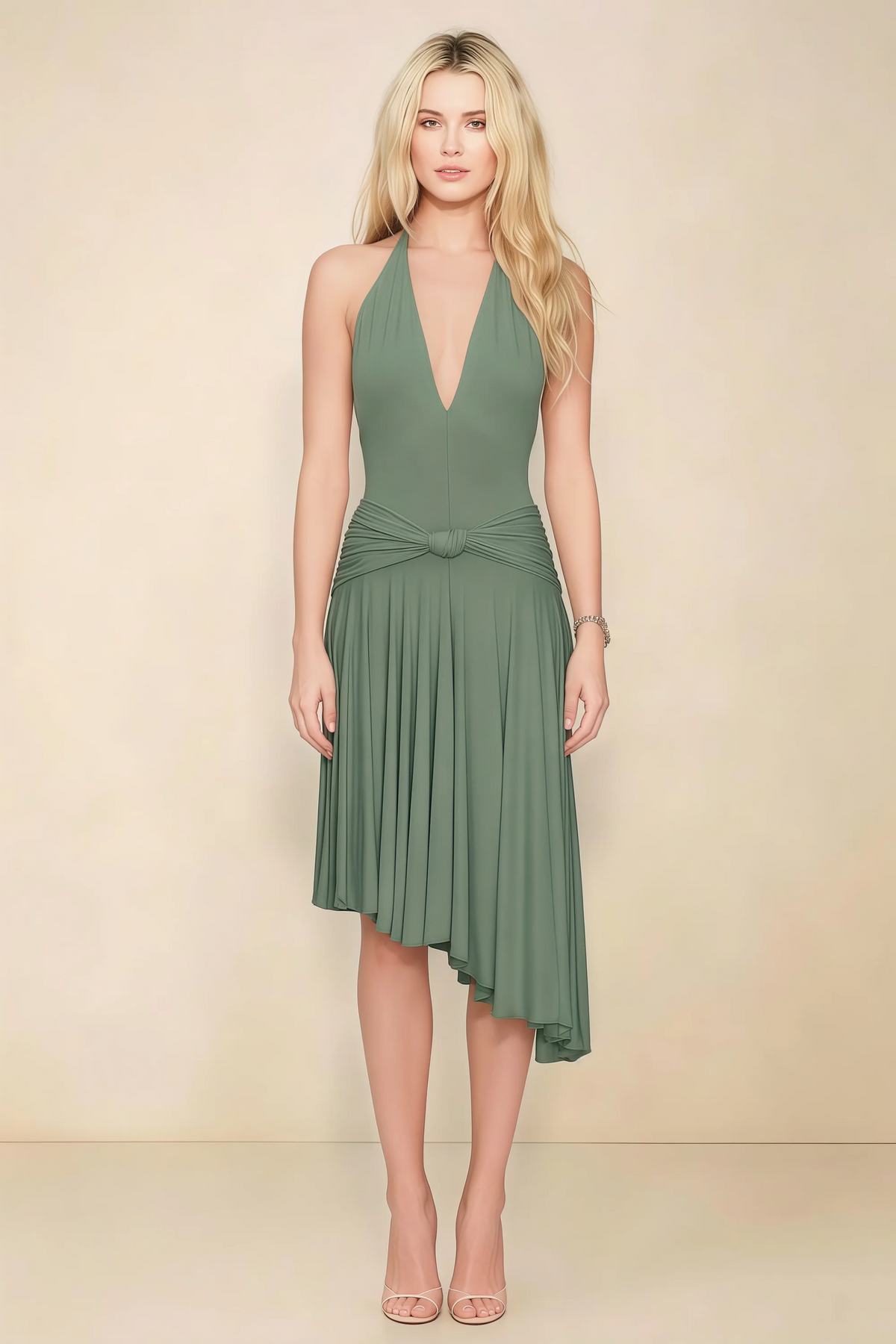 Amalia Eucalyptus Halter Asymmetric Hem Slinky Midi Dress