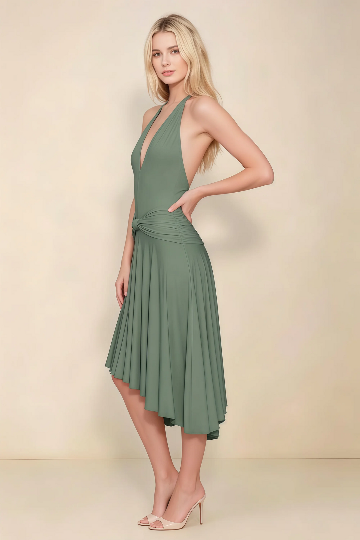 Amalia Eucalyptus Halter Asymmetric Hem Slinky Midi Dress