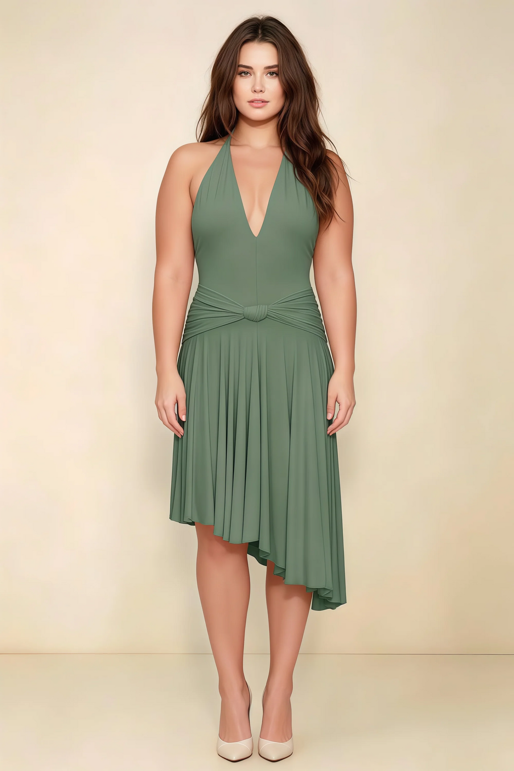 Amalia Eucalyptus Halter Asymmetric Hem Slinky Midi Dress