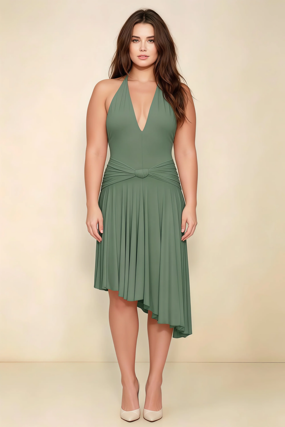 Amalia Eucalyptus Halter Asymmetric Hem Slinky Midi Dress