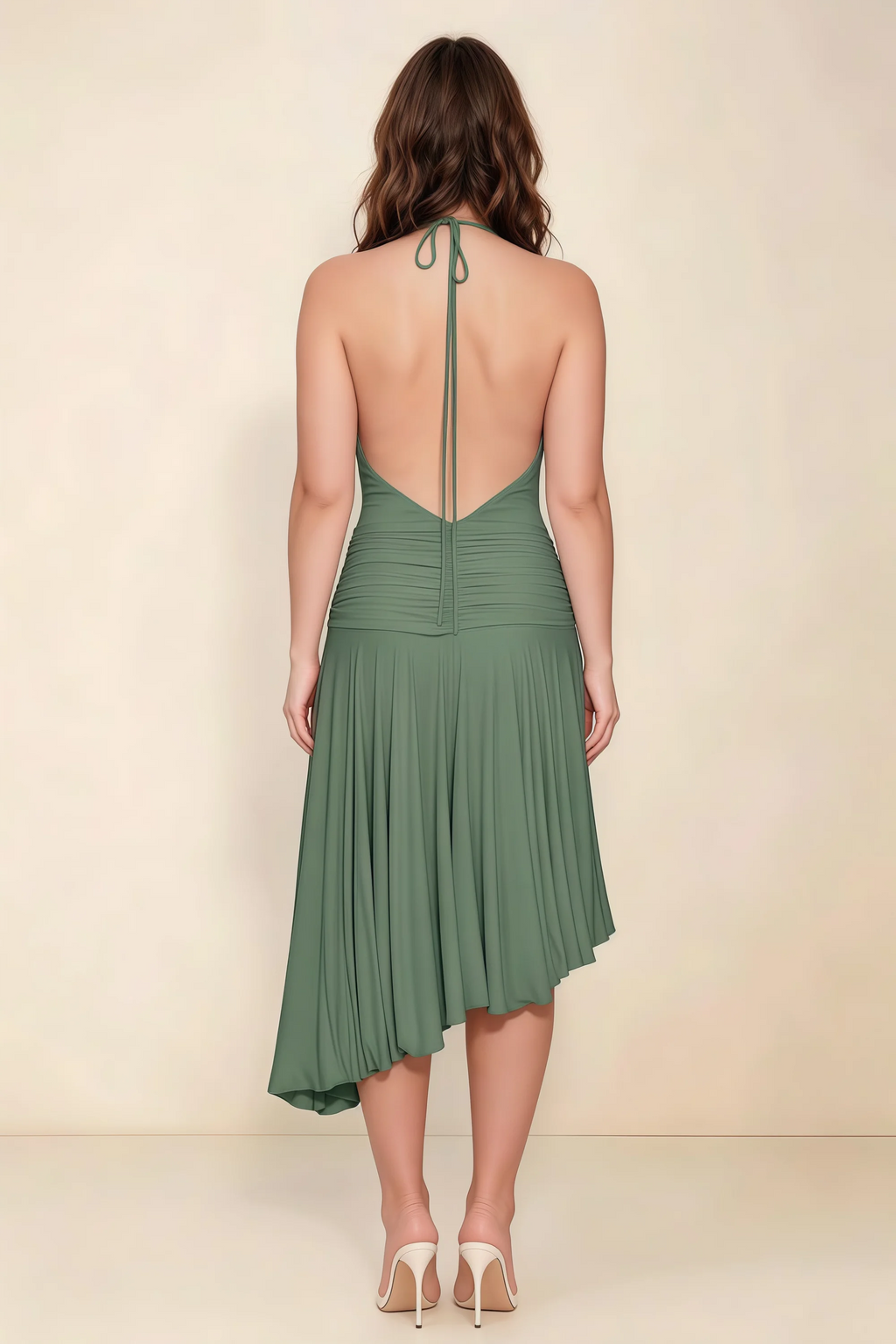 Amalia Eucalyptus Halter Asymmetric Hem Slinky Midi Dress
