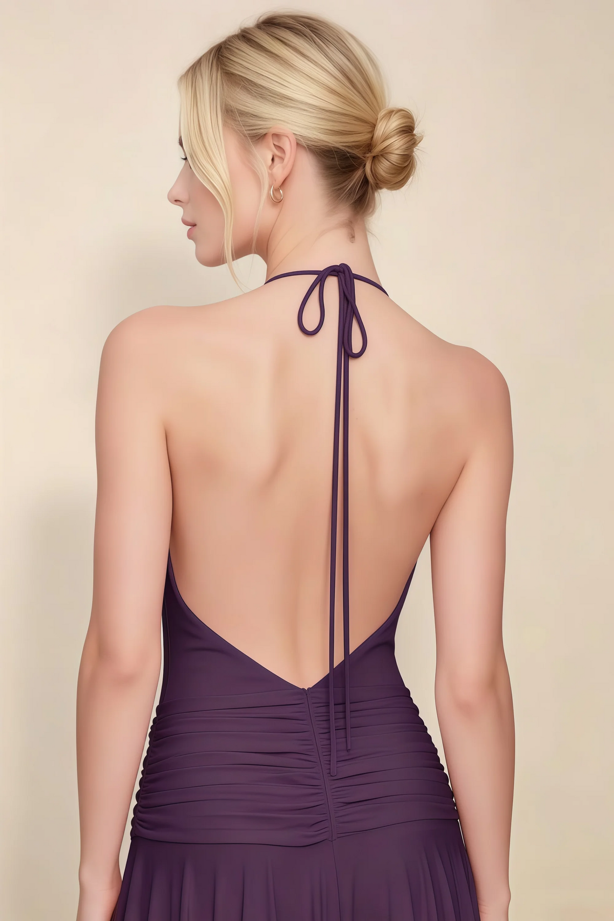 Amalia Grape Halter Asymmetric Hem Slinky Midi Dress