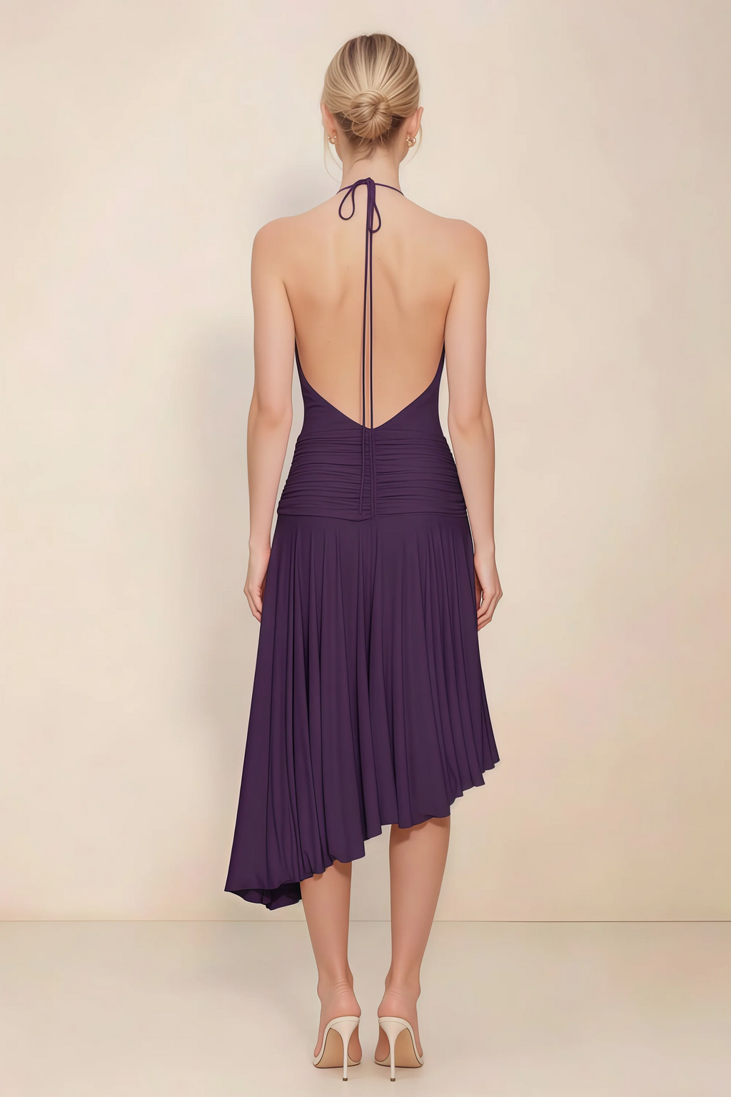 Amalia Grape Halter Asymmetric Hem Slinky Midi Dress