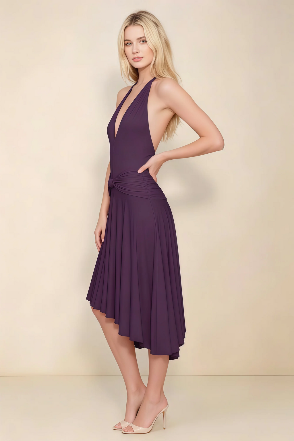 Amalia Grape Halter Asymmetric Hem Slinky Midi Dress