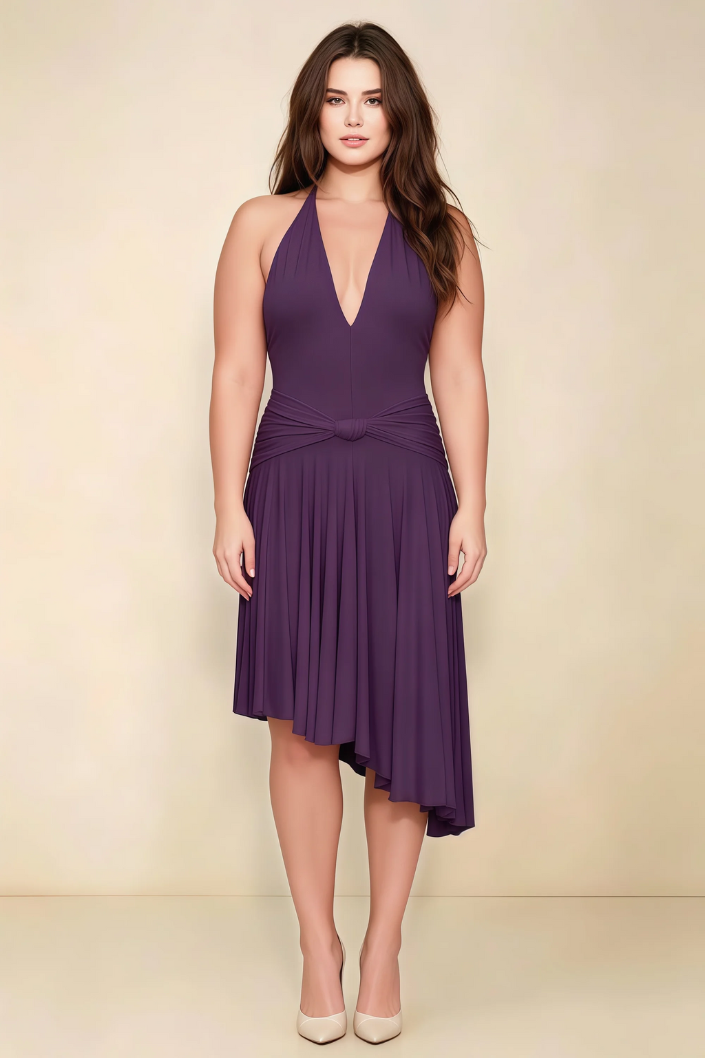 Amalia Grape Halter Asymmetric Hem Slinky Midi Dress