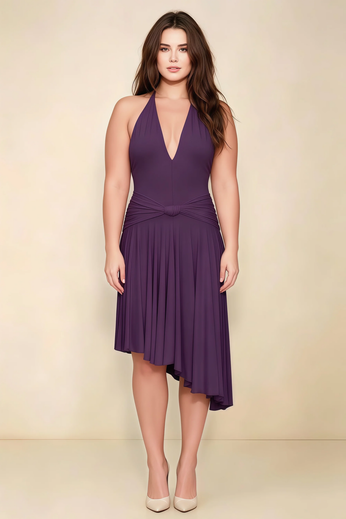 Amalia Grape Halter Asymmetric Hem Slinky Midi Dress