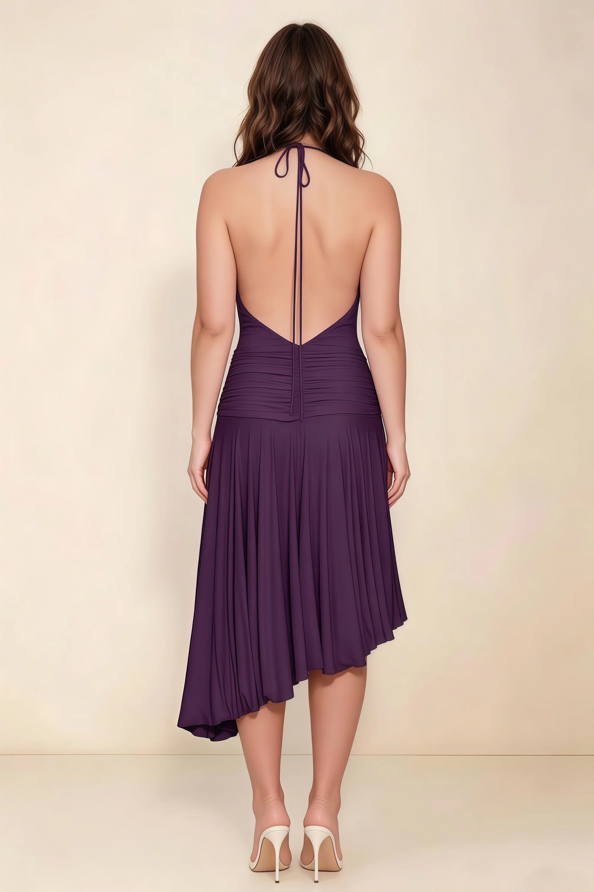 Amalia Grape Halter Asymmetric Hem Slinky Midi Dress