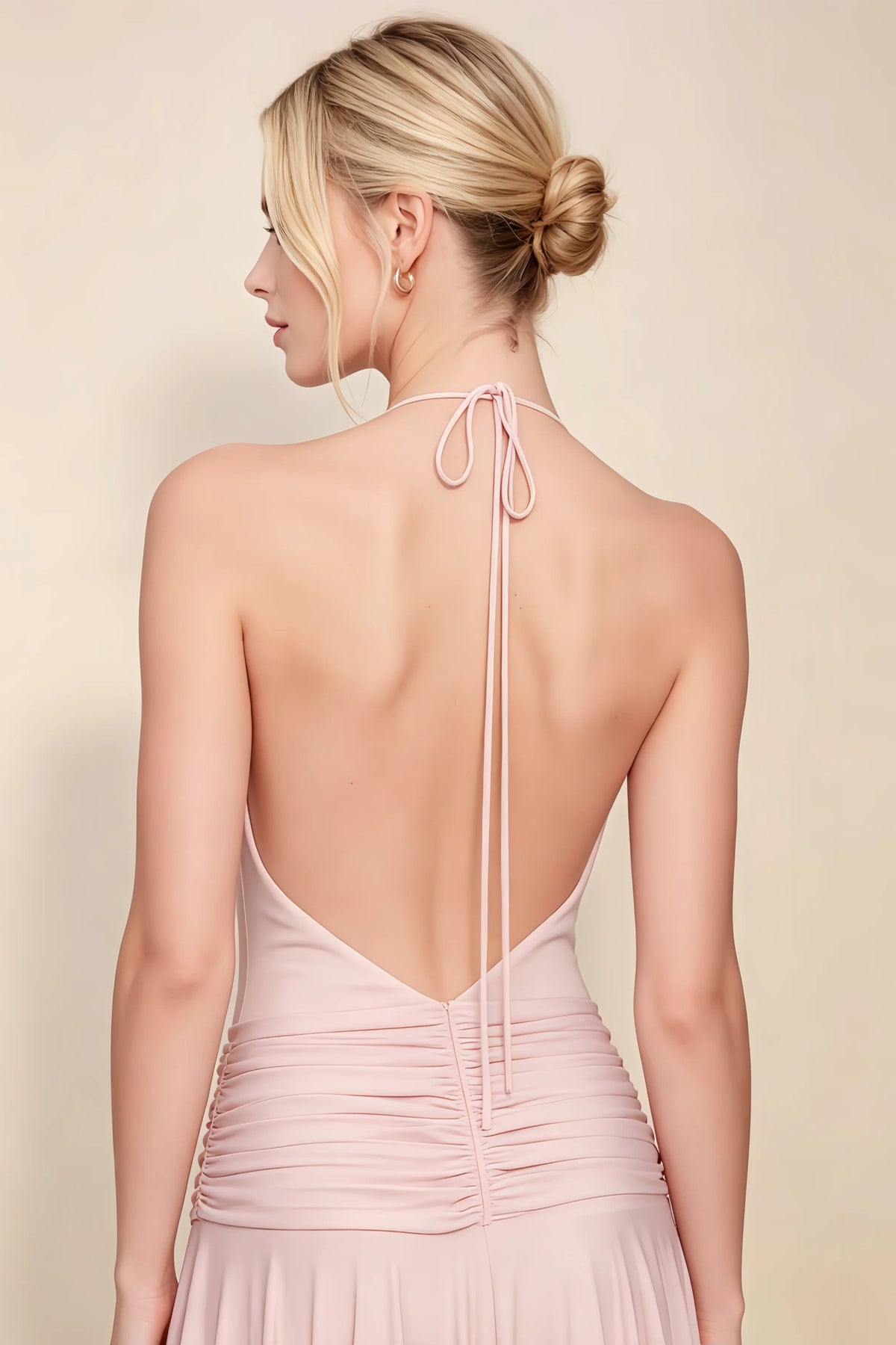 Amalia Light Pink Halter Asymmetric Hem Slinky Midi Dress