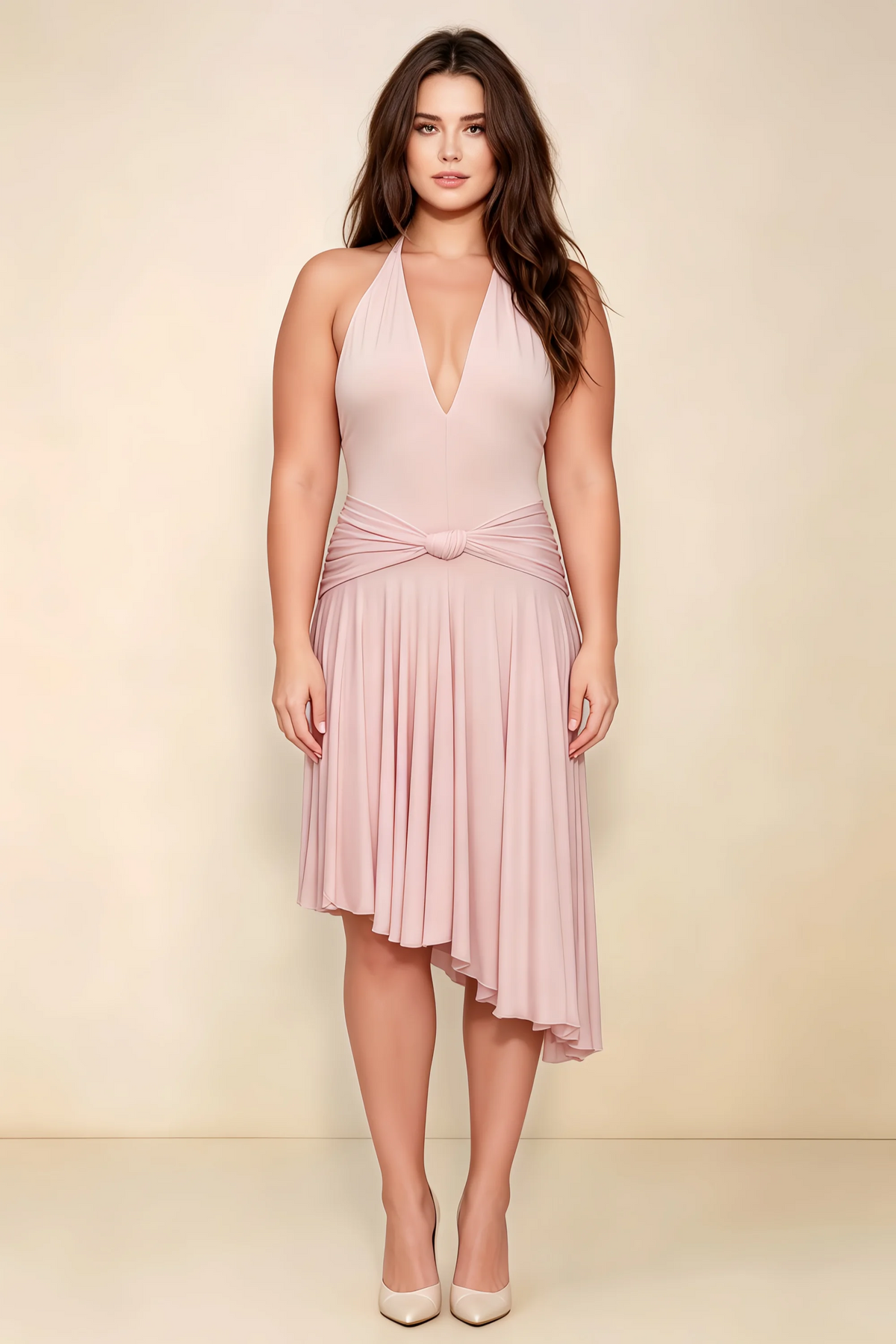 Amalia Light Pink Halter Asymmetric Hem Slinky Midi Dress