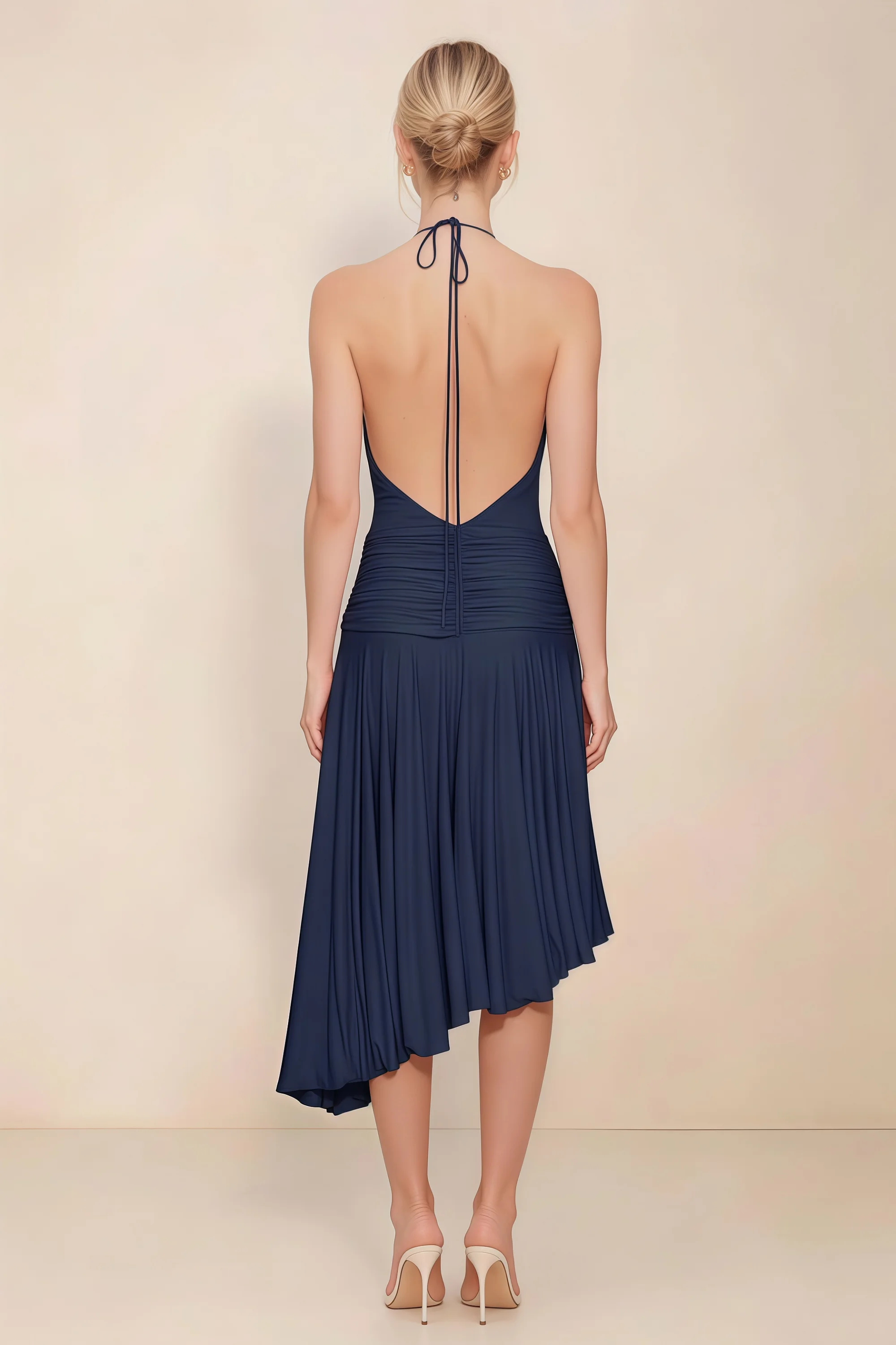 Amalia Navy Halter Asymmetric Hem Slinky Midi Dress Imagen secundaria del producto