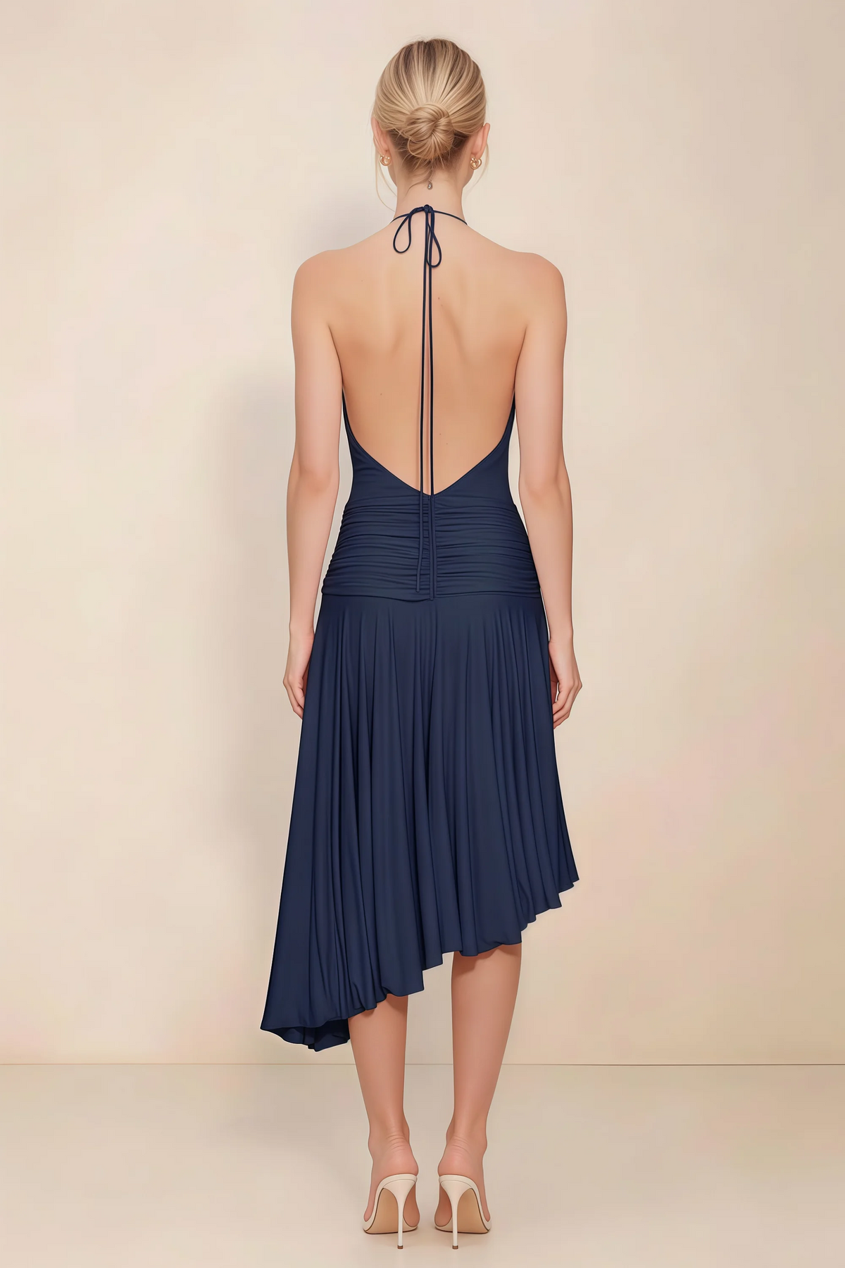 Amalia Navy Halter Asymmetric Hem Slinky Midi Dress