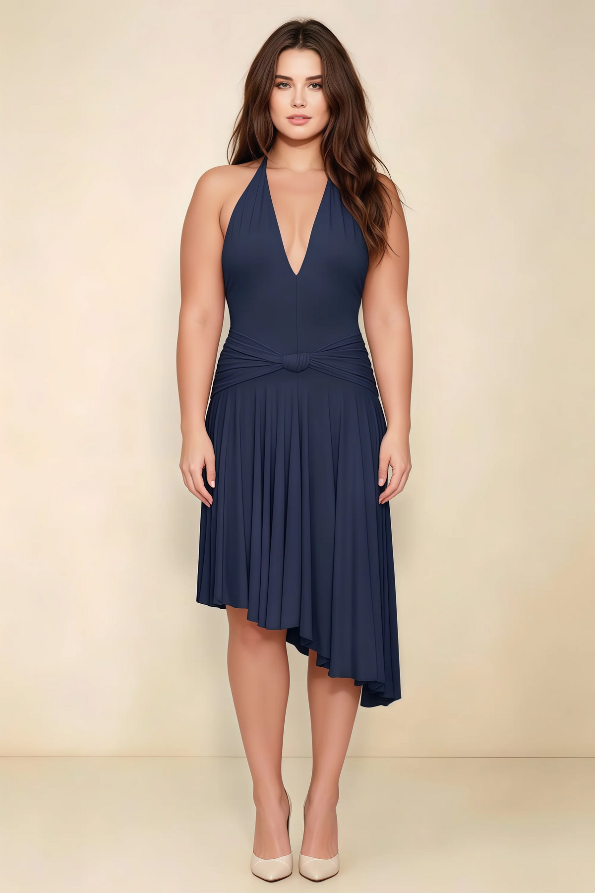 Amalia Navy Halter Asymmetric Hem Slinky Midi Dress