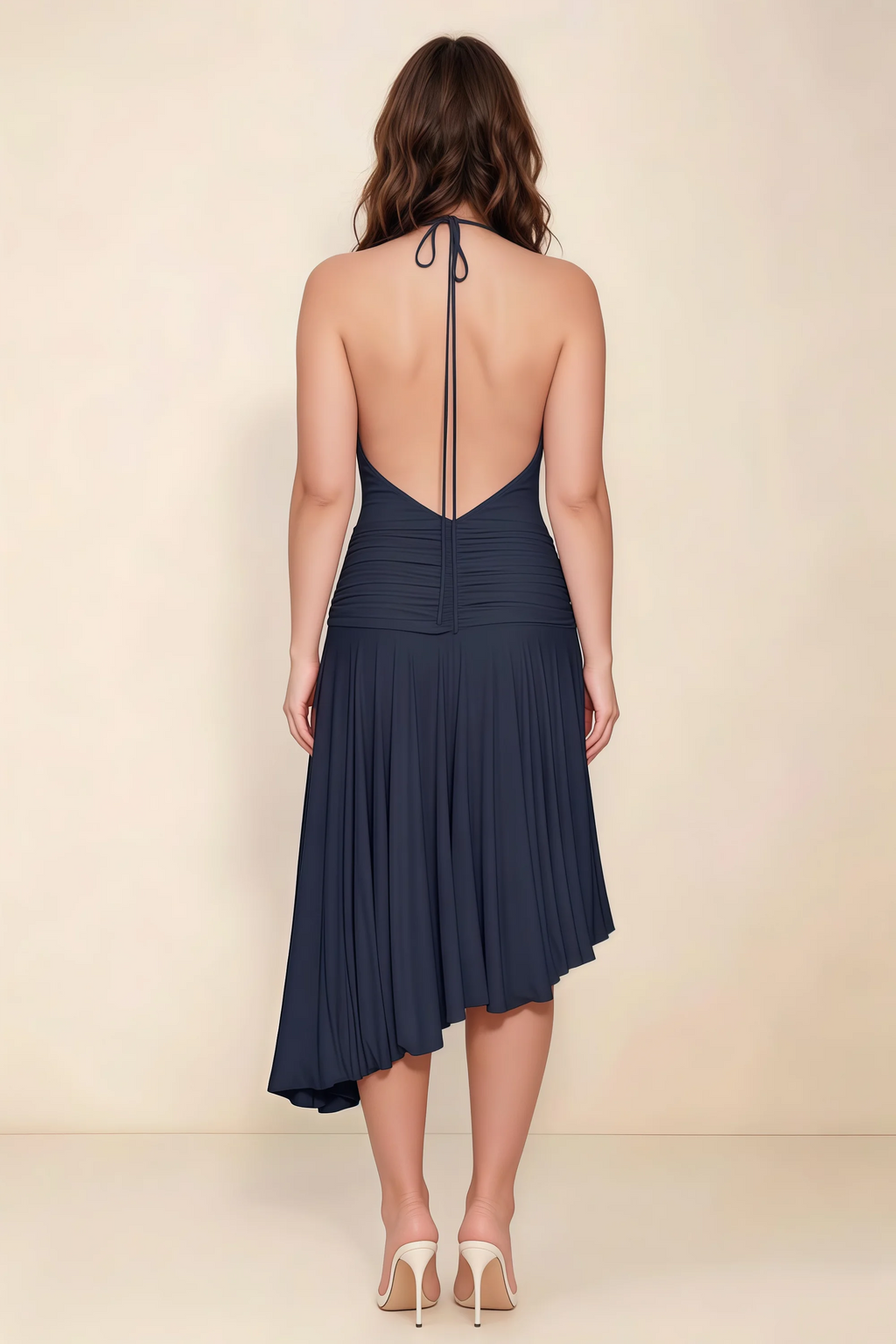 Amalia Navy Halter Asymmetric Hem Slinky Midi Dress