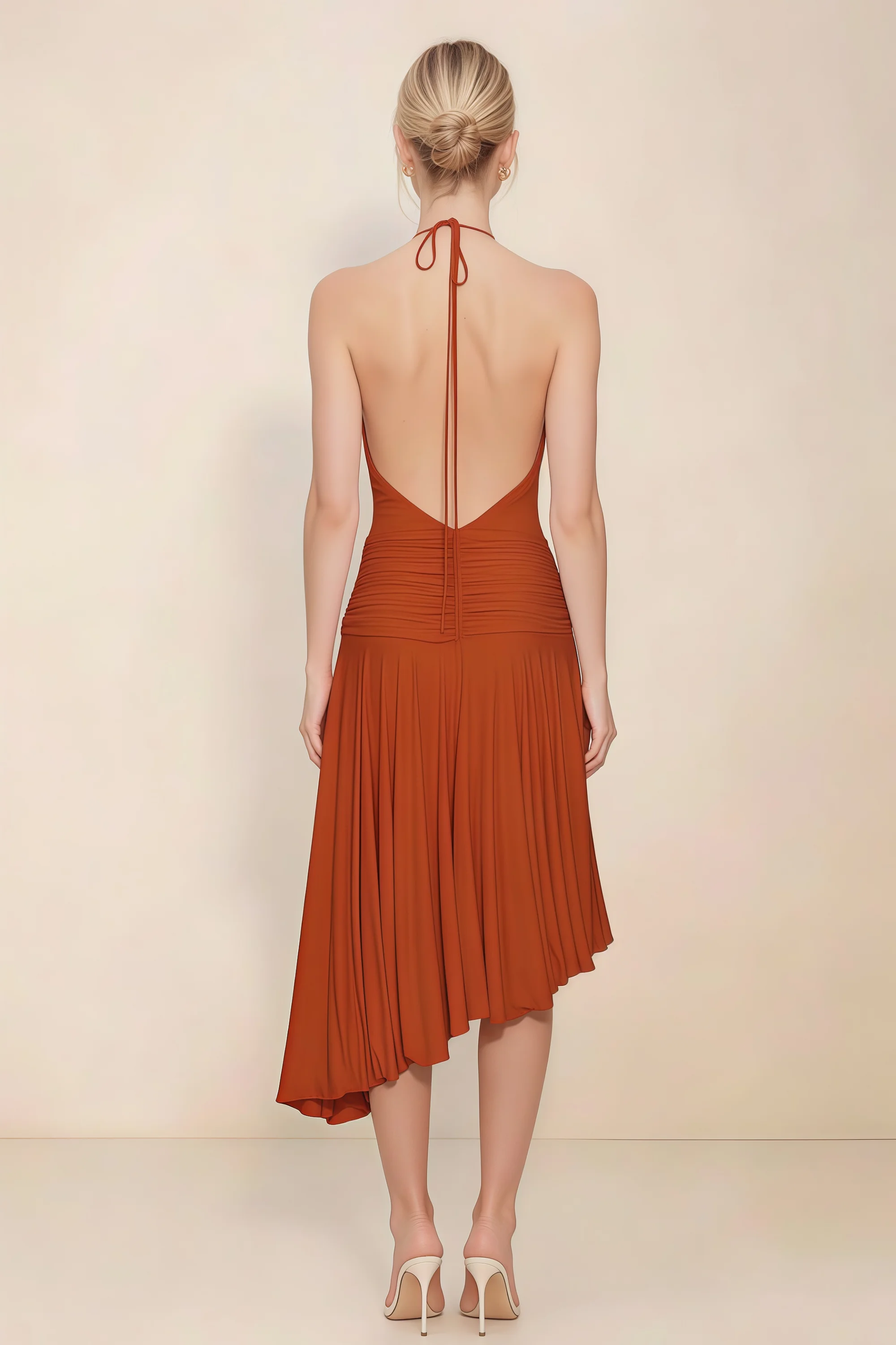 Amalia Paprika Halter Asymmetric Hem Slinky Midi Dress Secondary image
