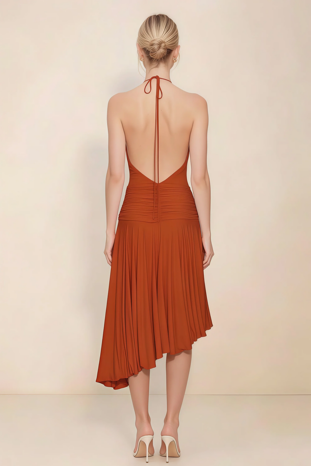 Amalia Paprika Halter Asymmetric Hem Slinky Midi Dress