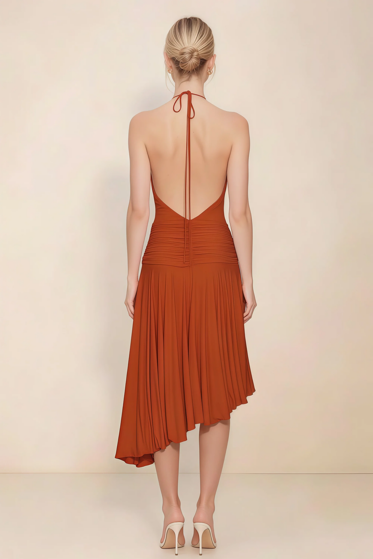 Amalia Paprika Halter Asymmetric Hem Slinky Midi Dress