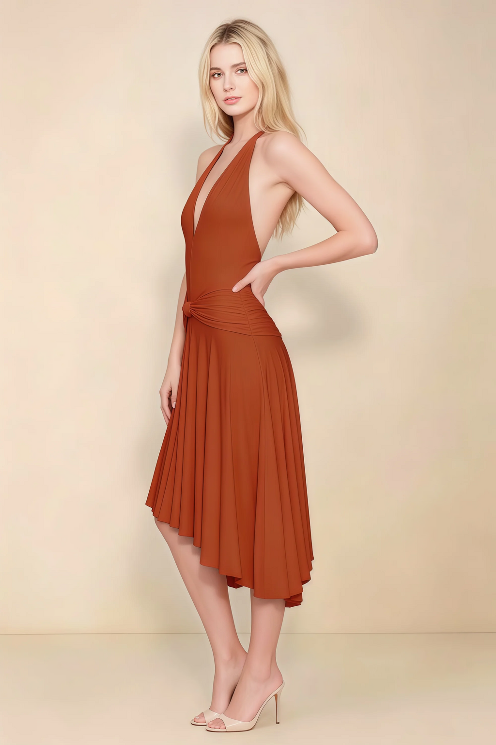Amalia Paprika Halter Asymmetric Hem Slinky Midi Dress