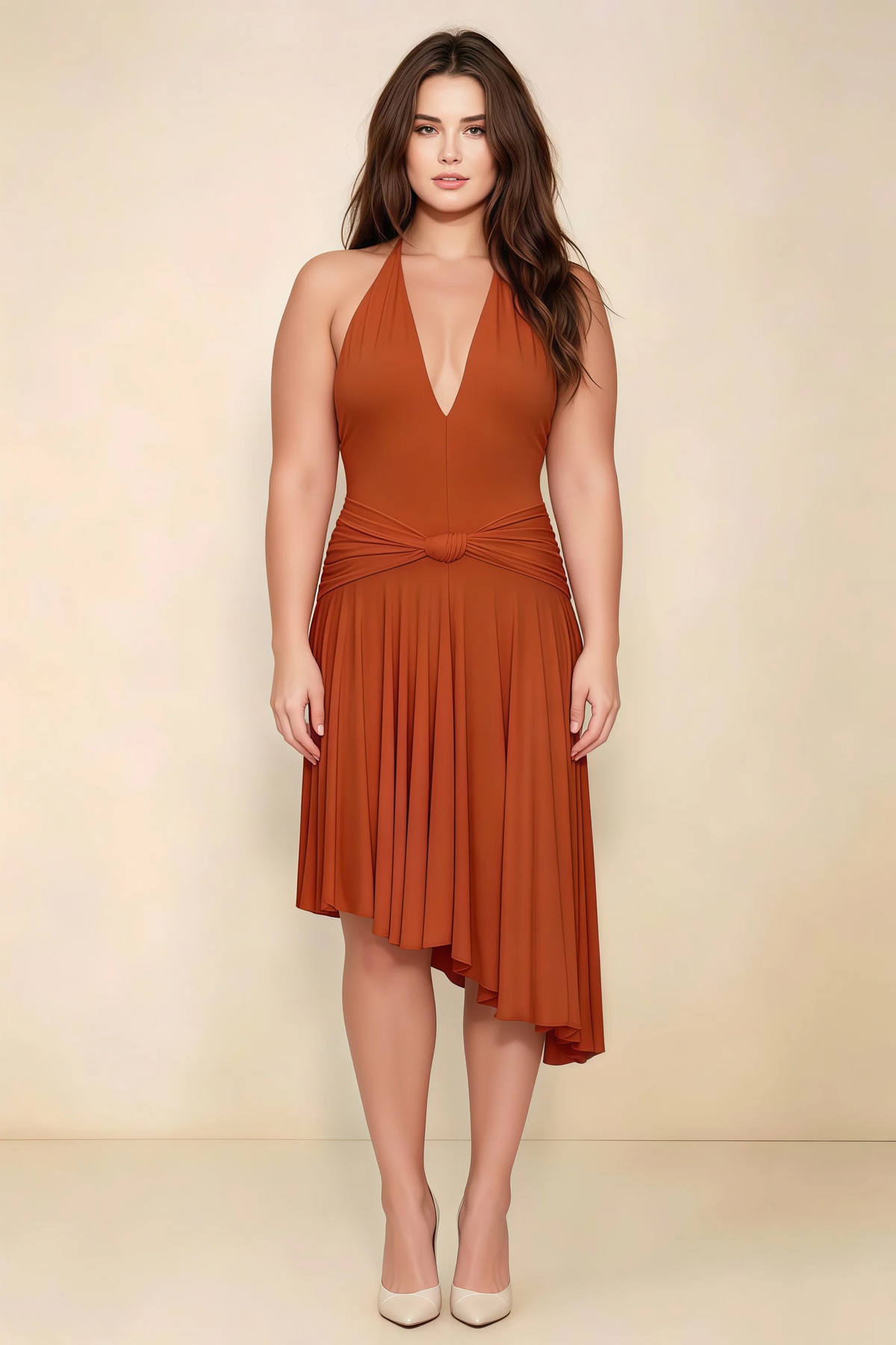 Amalia Paprika Halter Asymmetric Hem Slinky Midi Dress