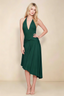 Amalia Pine Halter Asymmetric Hem Slinky Midi Dress