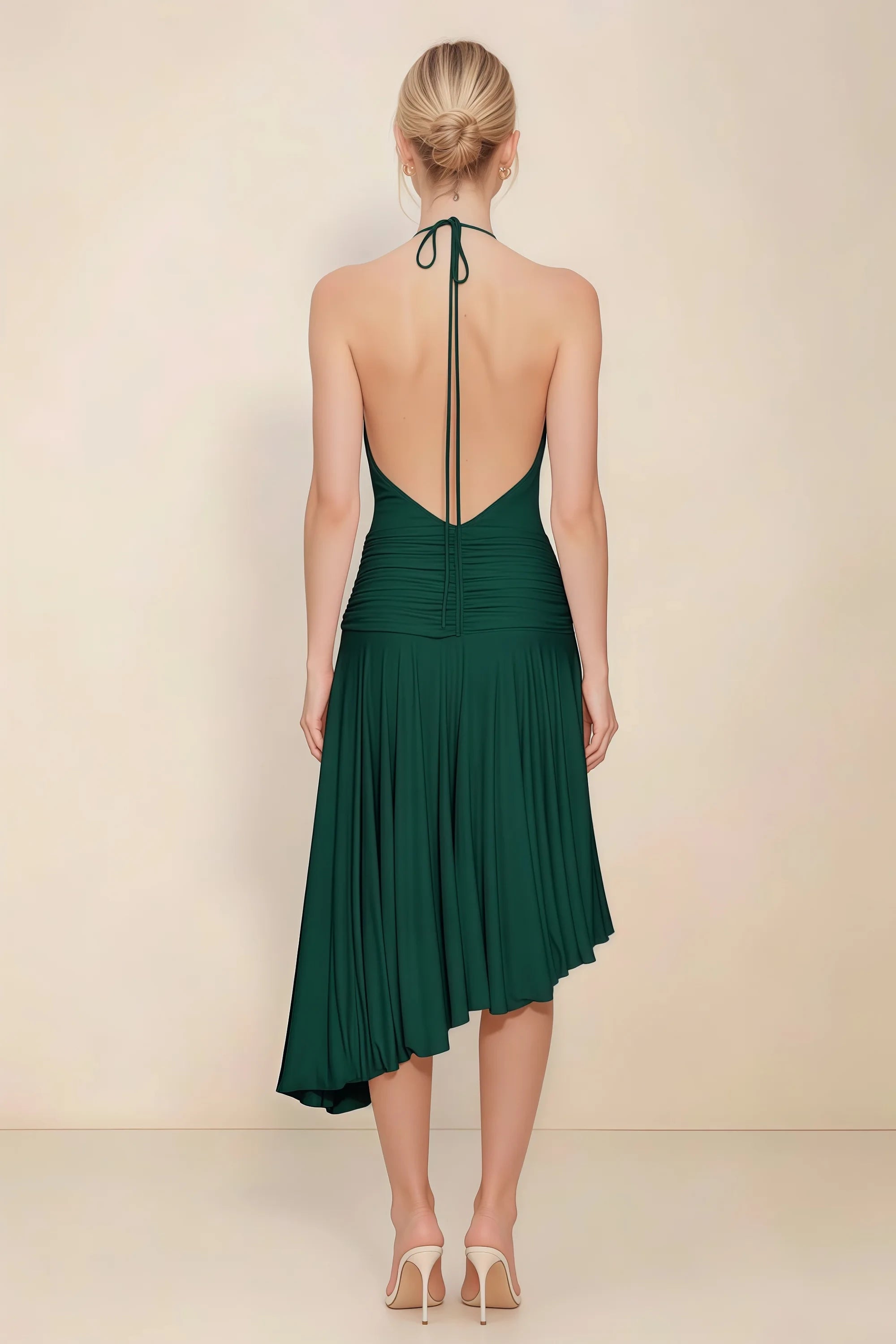 Amalia Pine Halter Asymmetric Hem Slinky Midi Dress Imagen secundaria del producto