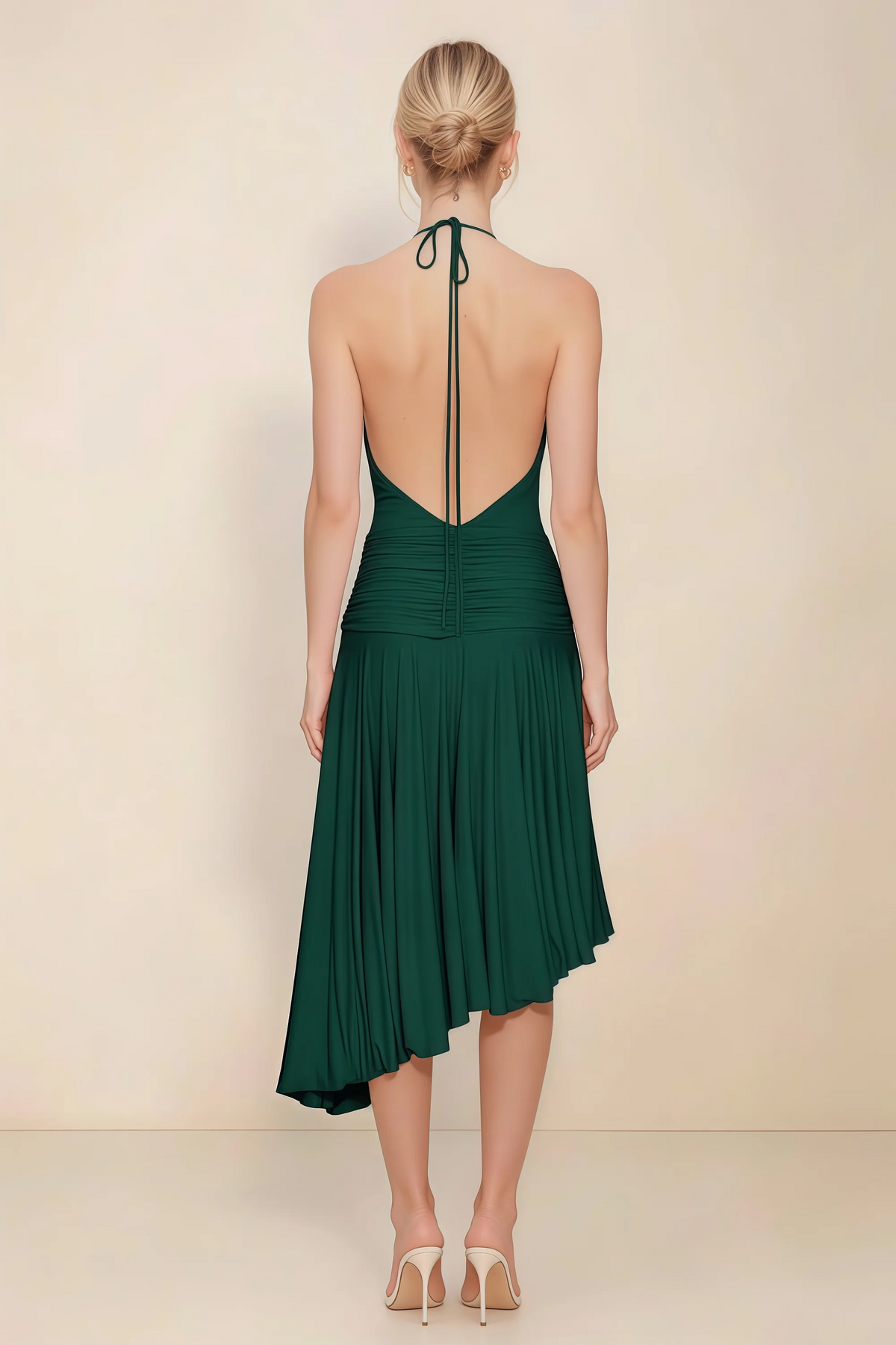 Amalia Pine Halter Asymmetric Hem Slinky Midi Dress