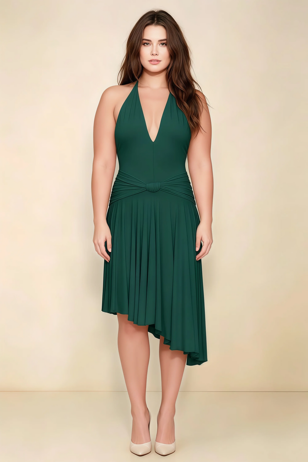 Amalia Pine Halter Asymmetric Hem Slinky Midi Dress