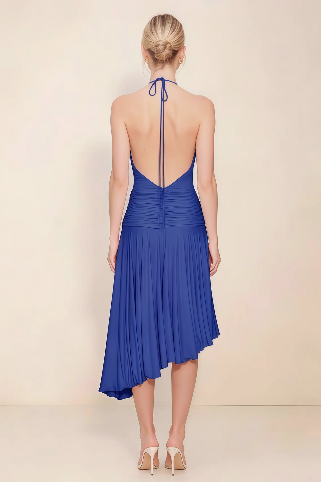 Amalia Royal Blue Halter Asymmetric Hem Slinky Midi Dress