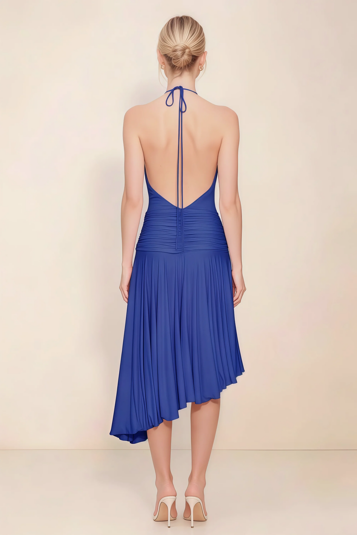Amalia Royal Blue Halter Asymmetric Hem Slinky Midi Dress