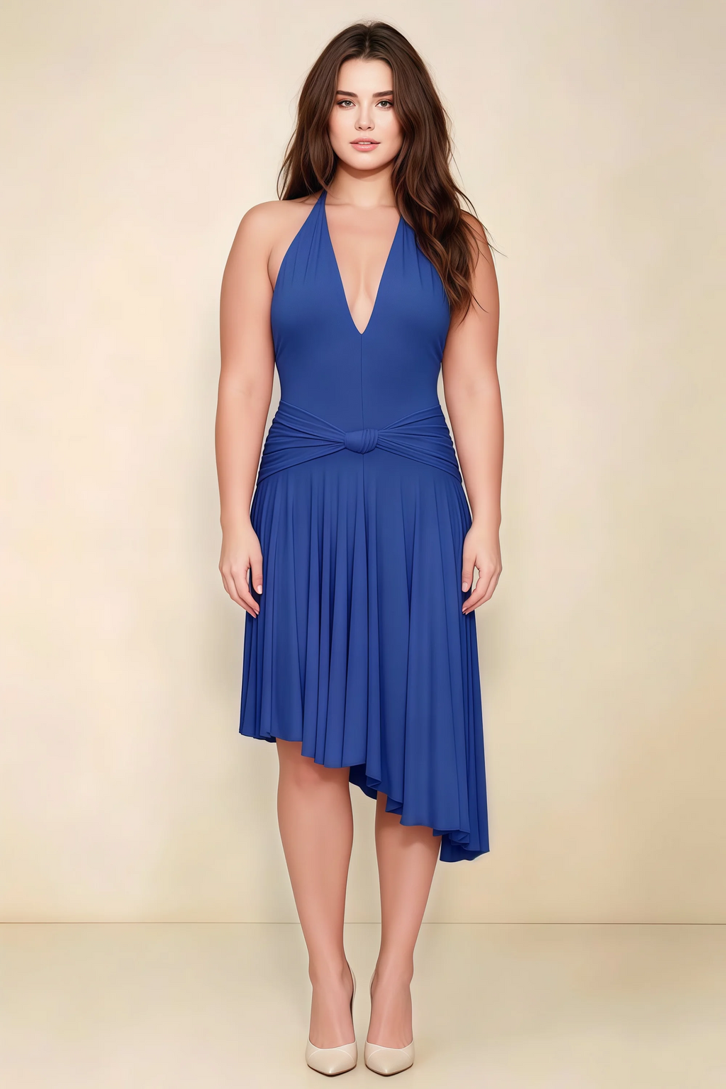 Amalia Royal Blue Halter Asymmetric Hem Slinky Midi Dress