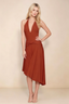 Amalia Rust Halter Asymmetric Hem Slinky Midi Dress