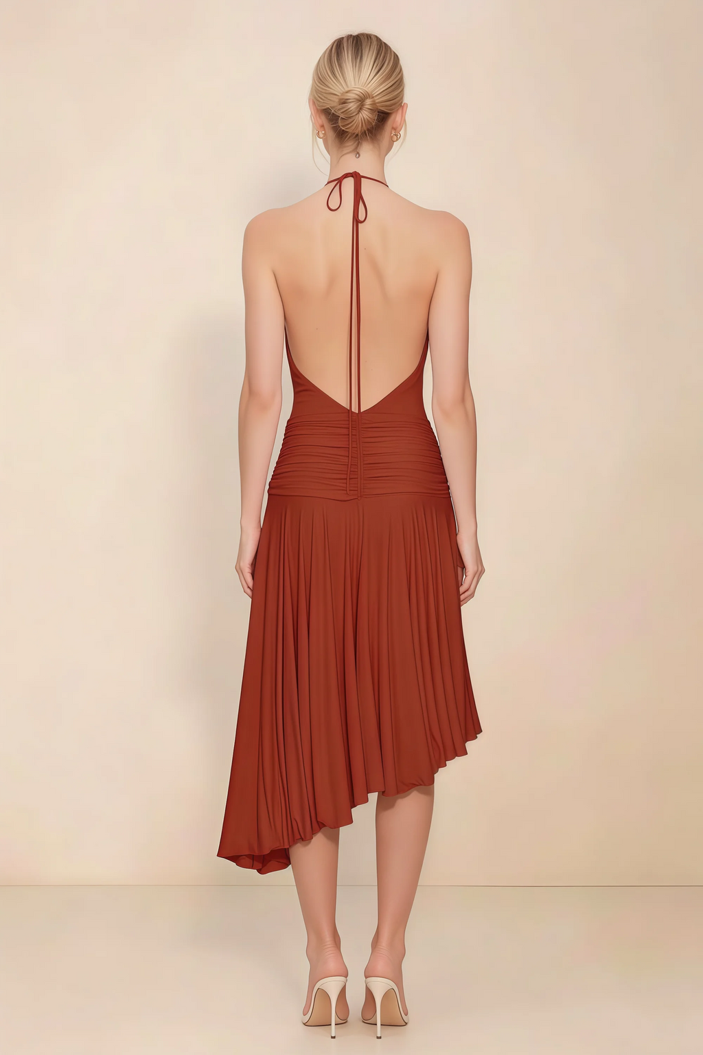 Amalia Rust Halter Asymmetric Hem Slinky Midi Dress