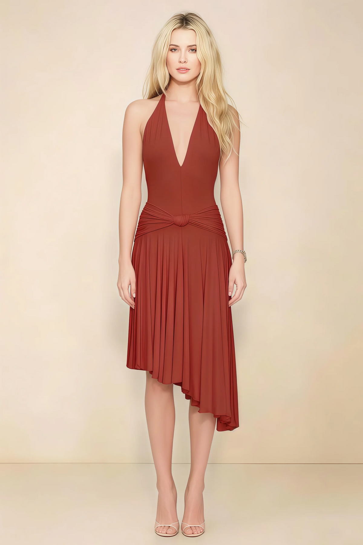 Amalia Rust Halter Asymmetric Hem Slinky Midi Dress
