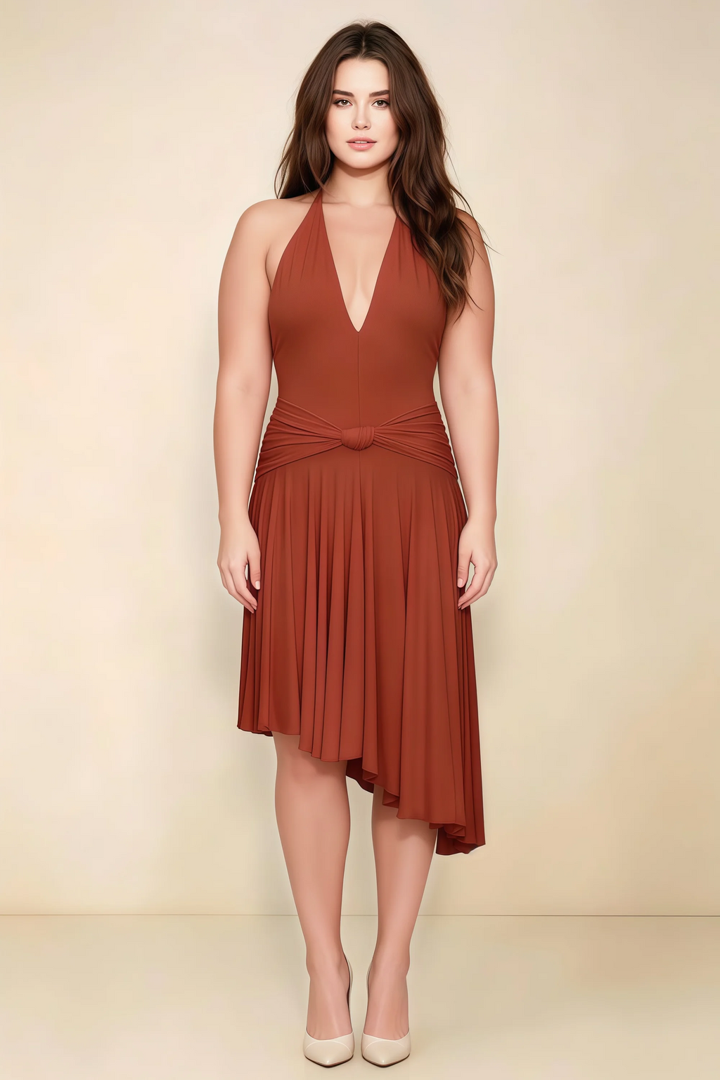 Amalia Rust Halter Asymmetric Hem Slinky Midi Dress