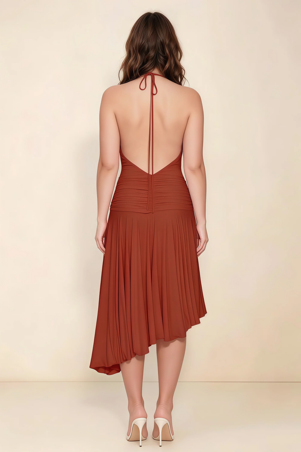 Amalia Rust Halter Asymmetric Hem Slinky Midi Dress