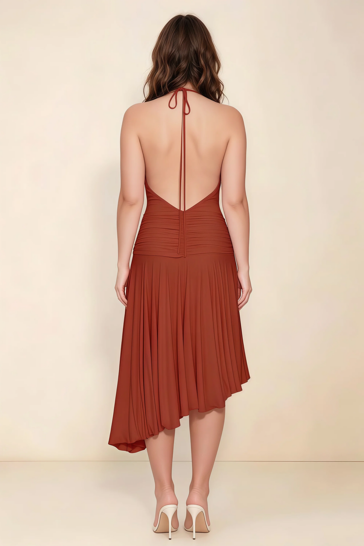 Amalia Rust Halter Asymmetric Hem Slinky Midi Dress