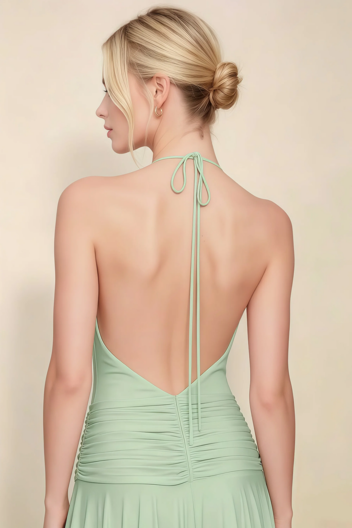 Amalia Sage Green Halter Asymmetric Hem Slinky Midi Dress