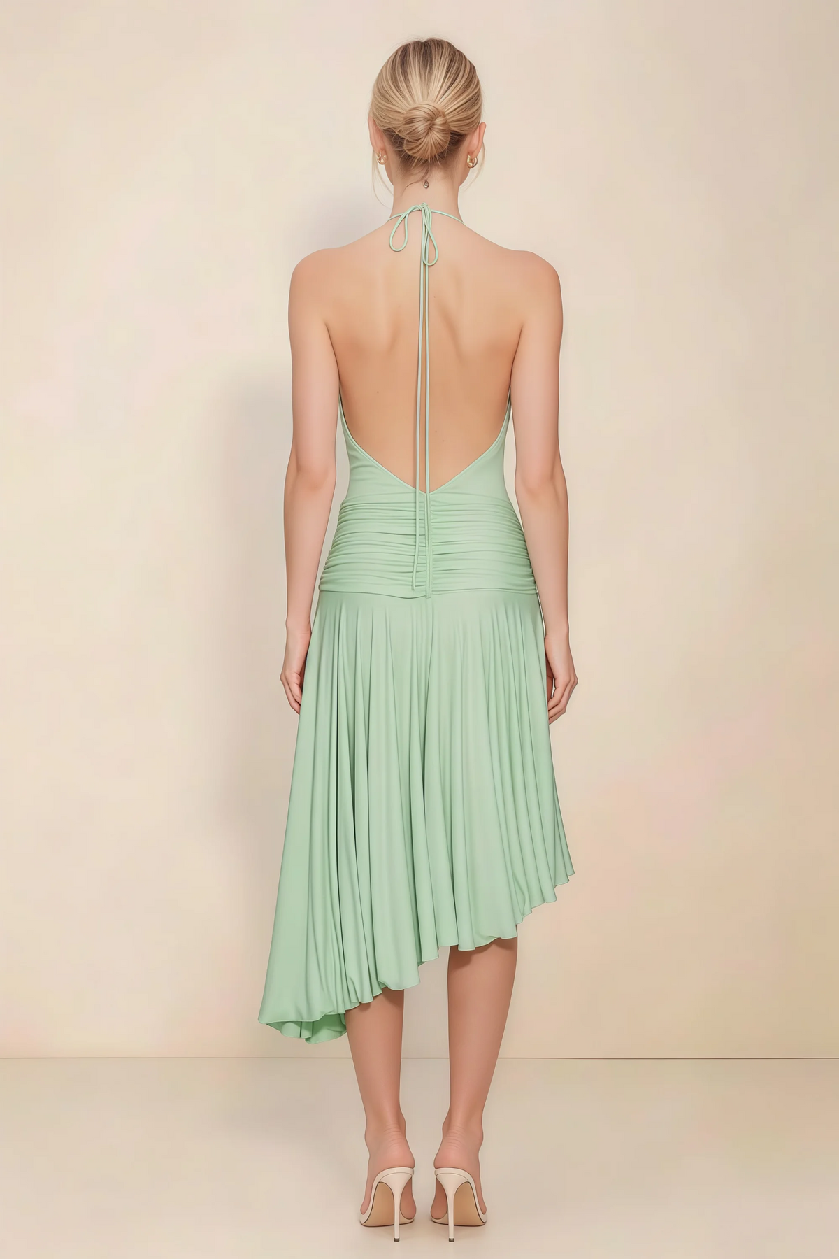 Amalia Sage Green Halter Asymmetric Hem Slinky Midi Dress