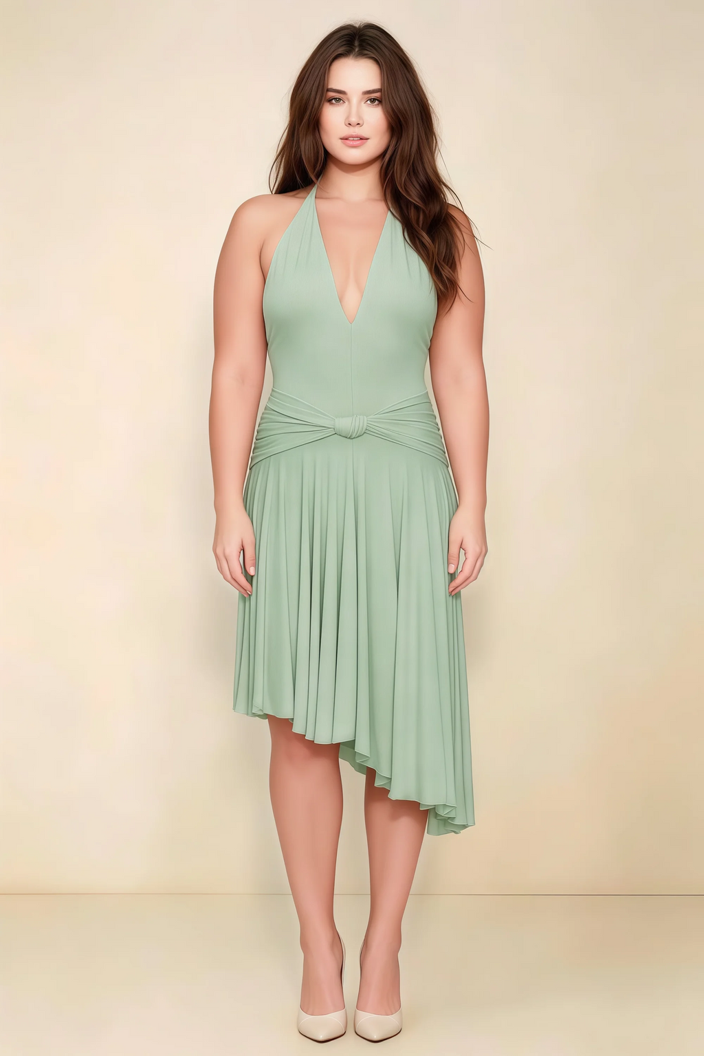 Amalia Sage Green Halter Asymmetric Hem Slinky Midi Dress