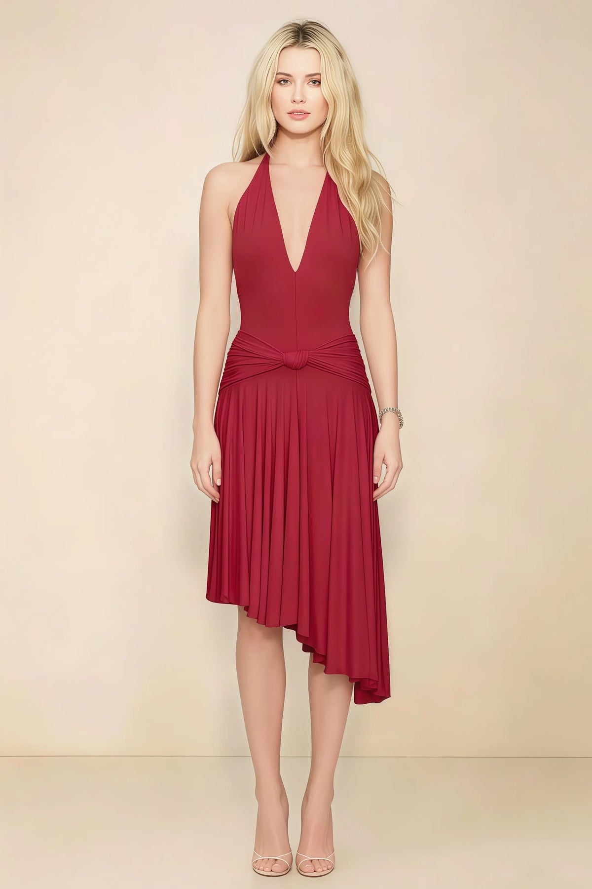 Amalia Scarlet Halter Asymmetric Hem Slinky Midi Dress Imagen principal del producto