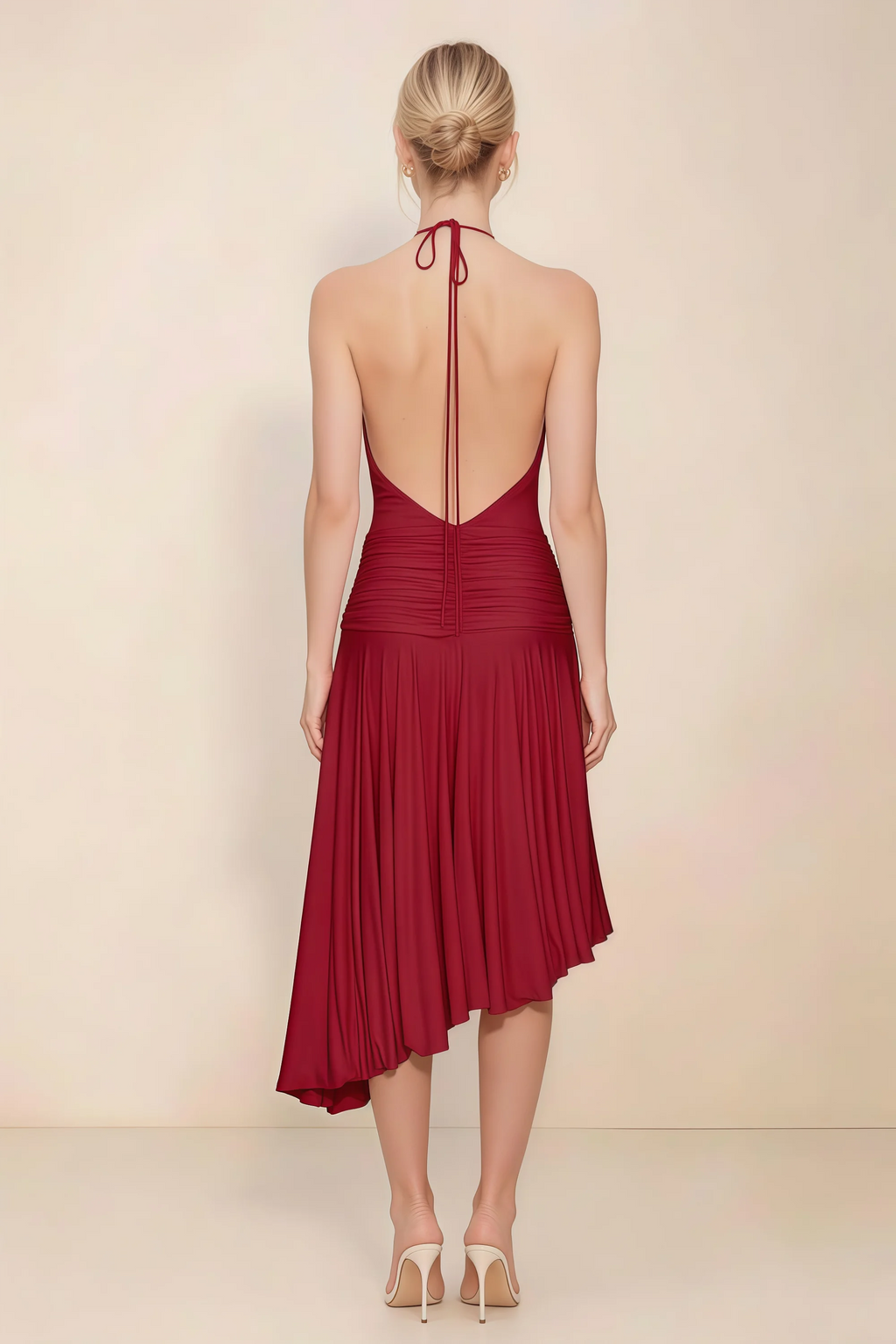 Amalia Scarlet Halter Asymmetric Hem Slinky Midi Dress