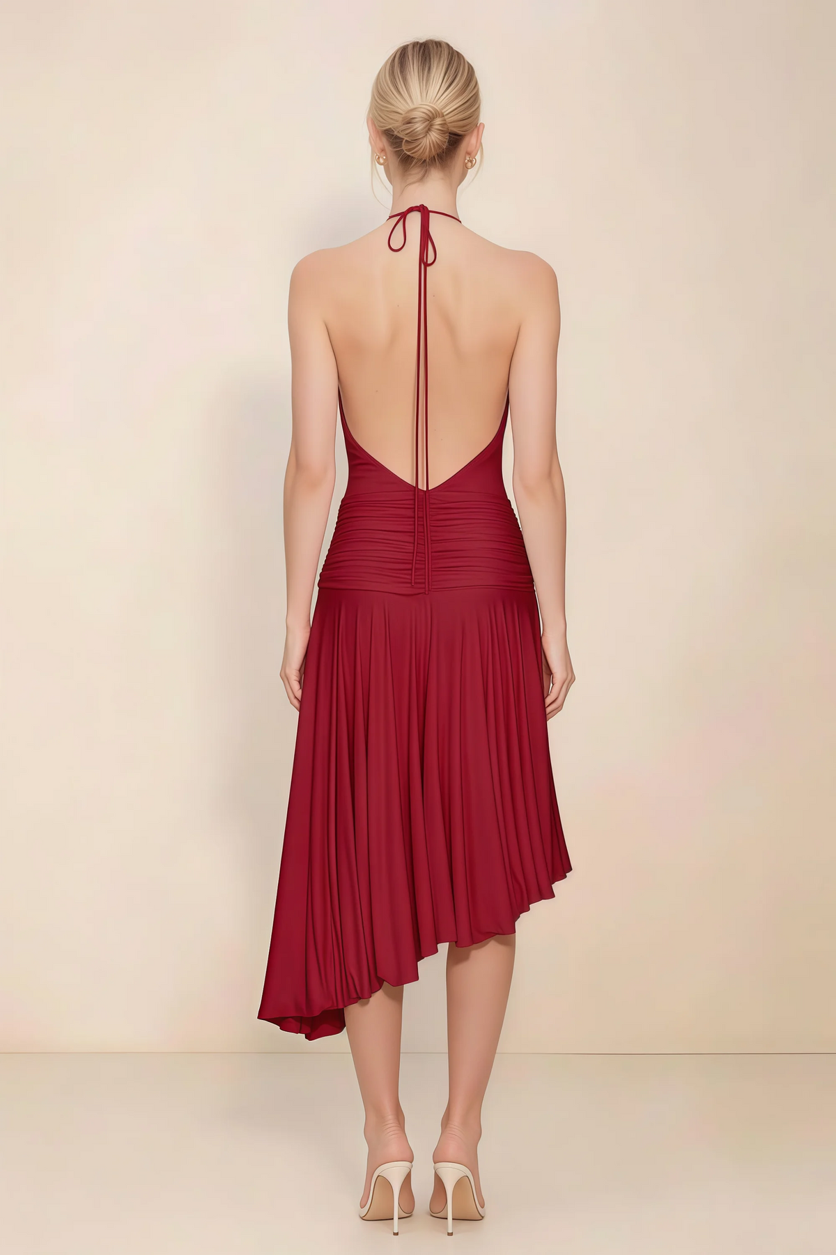 Amalia Scarlet Halter Asymmetric Hem Slinky Midi Dress