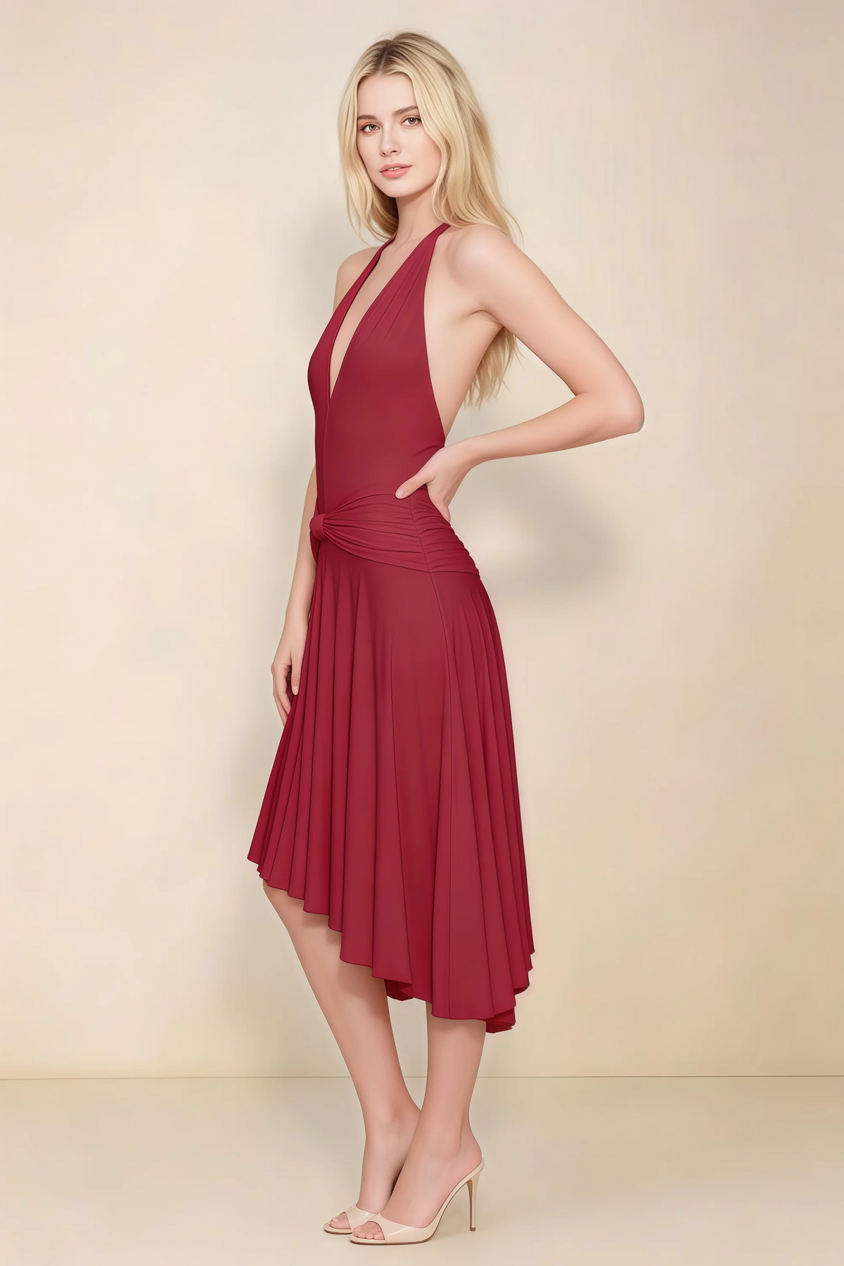 Amalia Scarlet Halter Asymmetric Hem Slinky Midi Dress
