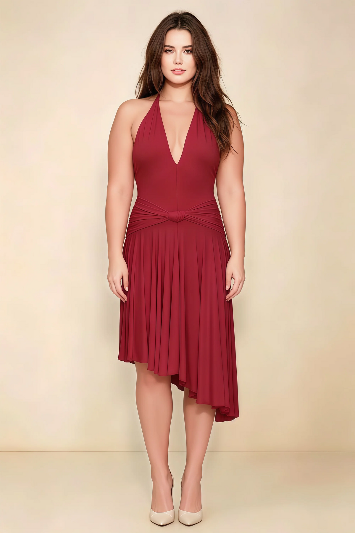 Amalia Scarlet Halter Asymmetric Hem Slinky Midi Dress