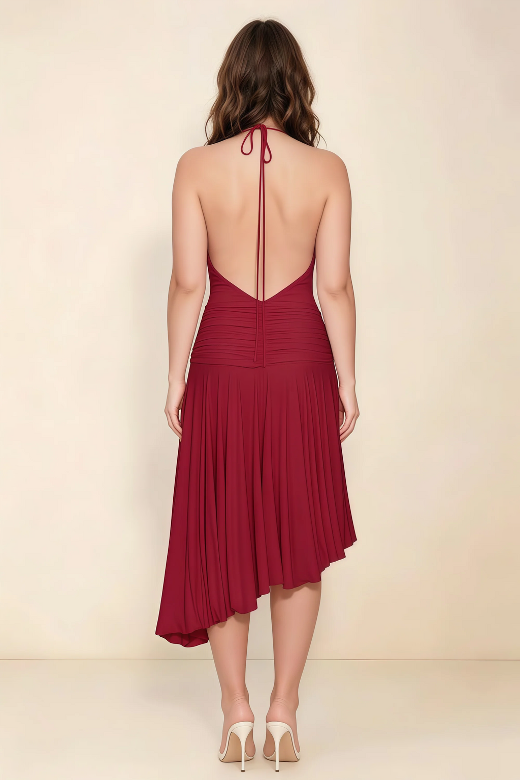 Amalia Scarlet Halter Asymmetric Hem Slinky Midi Dress