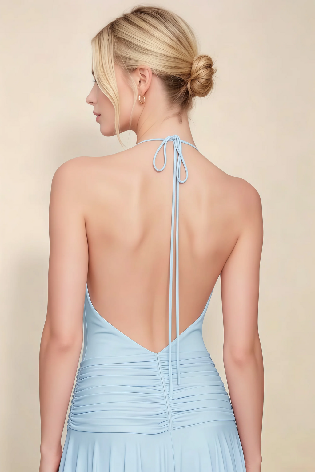 Amalia Sky Blue Halter Asymmetric Hem Slinky Midi Dress