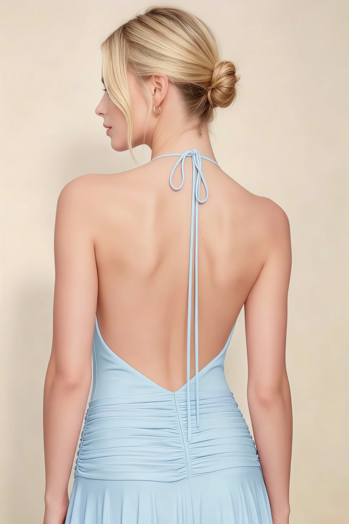 Amalia Sky Blue Halter Asymmetric Hem Slinky Midi Dress