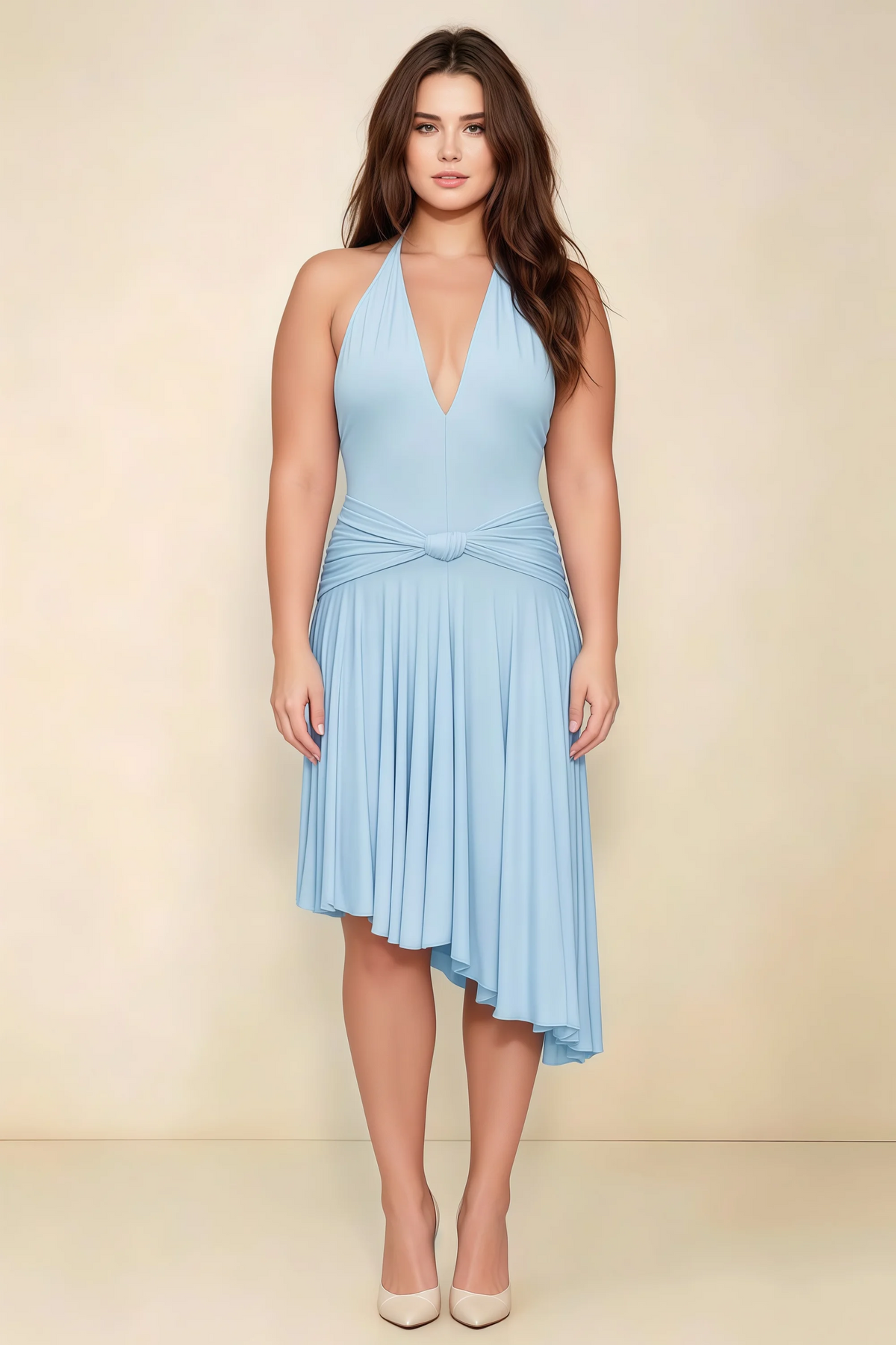 Amalia Sky Blue Halter Asymmetric Hem Slinky Midi Dress
