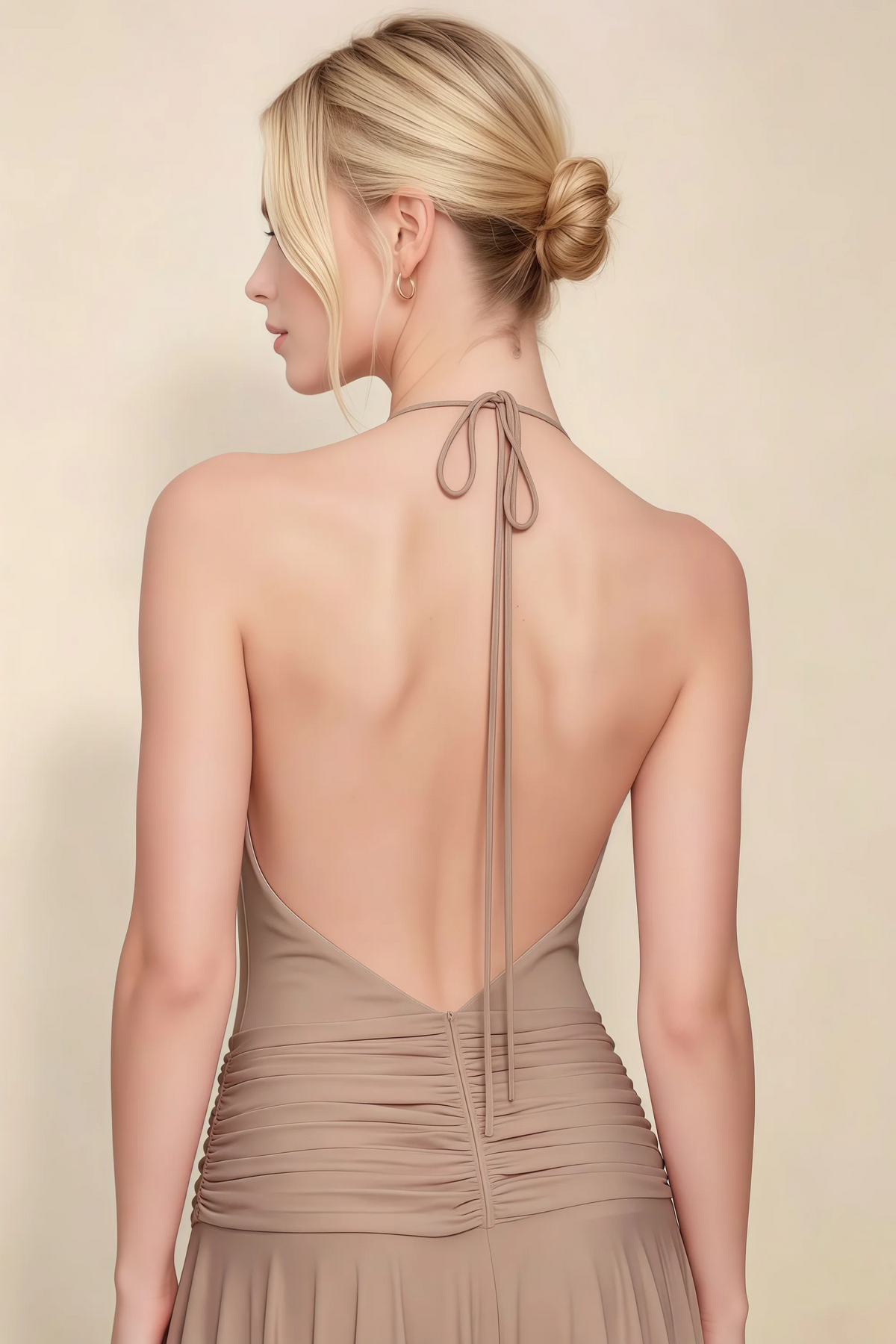 Amalia Taupe Halter Asymmetric Hem Slinky Midi Dress
