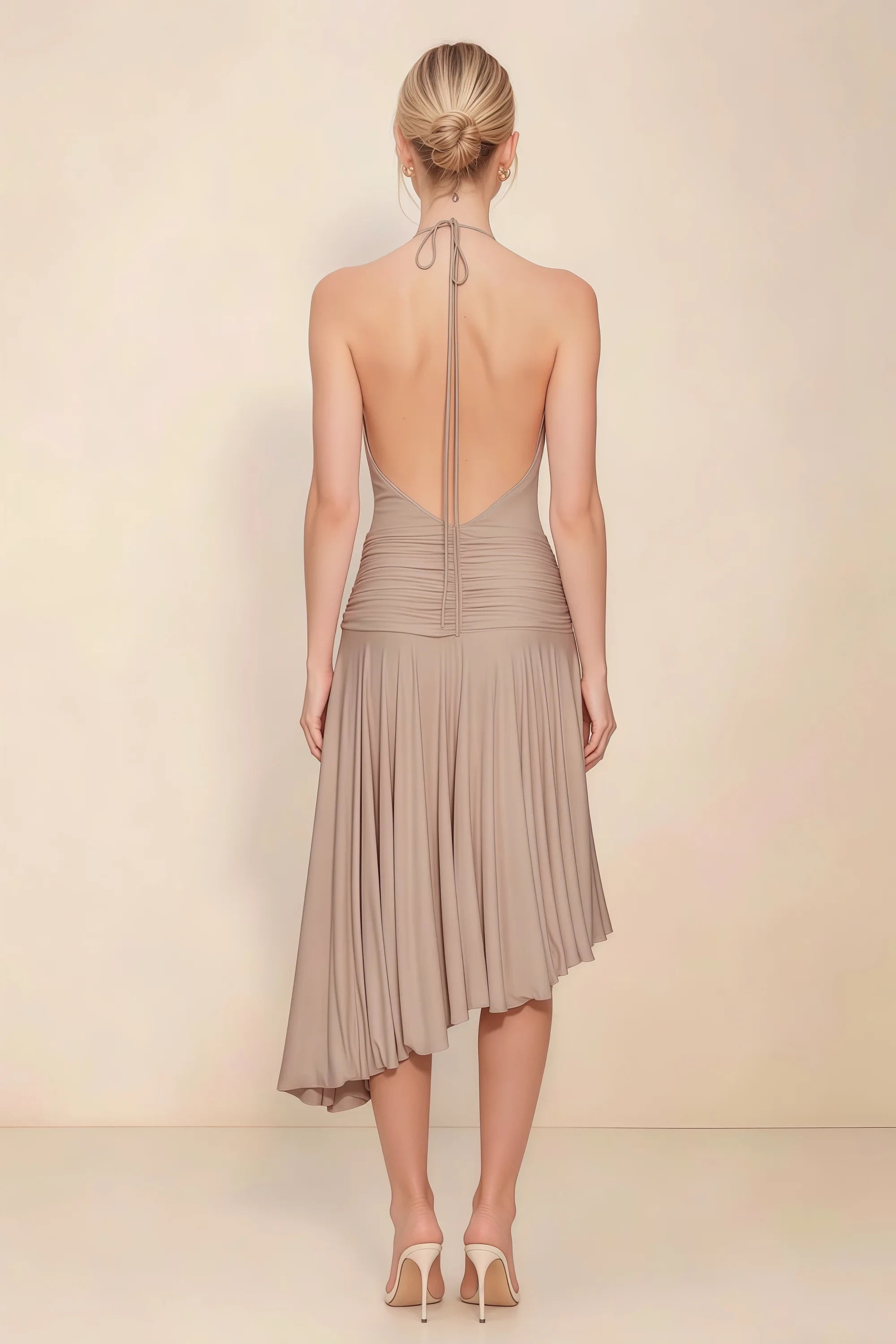 Amalia Taupe Halter Asymmetric Hem Slinky Midi Dress Secondary image